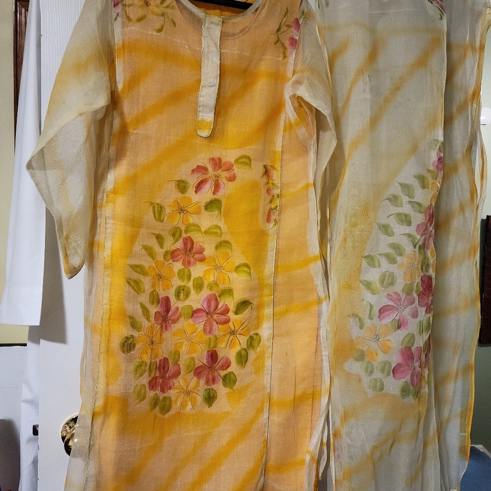 Cotton voil long tunic top with beautiful painted floral design